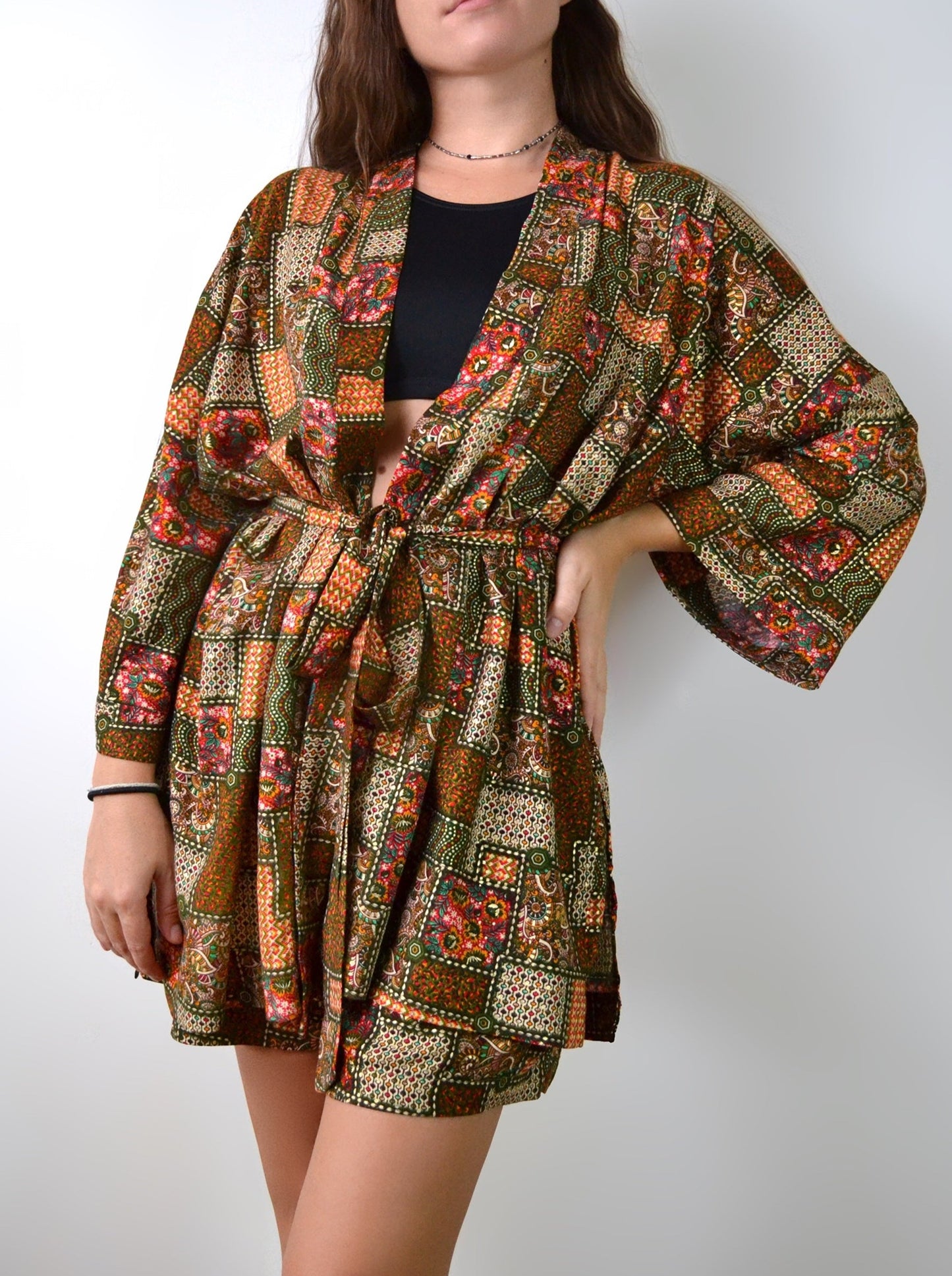 Kimono and shorts set / Dark green pattern (premium cotton)