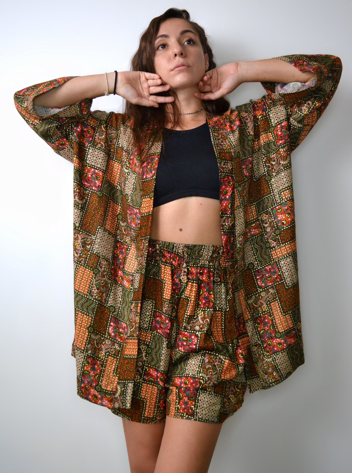 Kimono and shorts set / Dark green pattern (premium cotton)