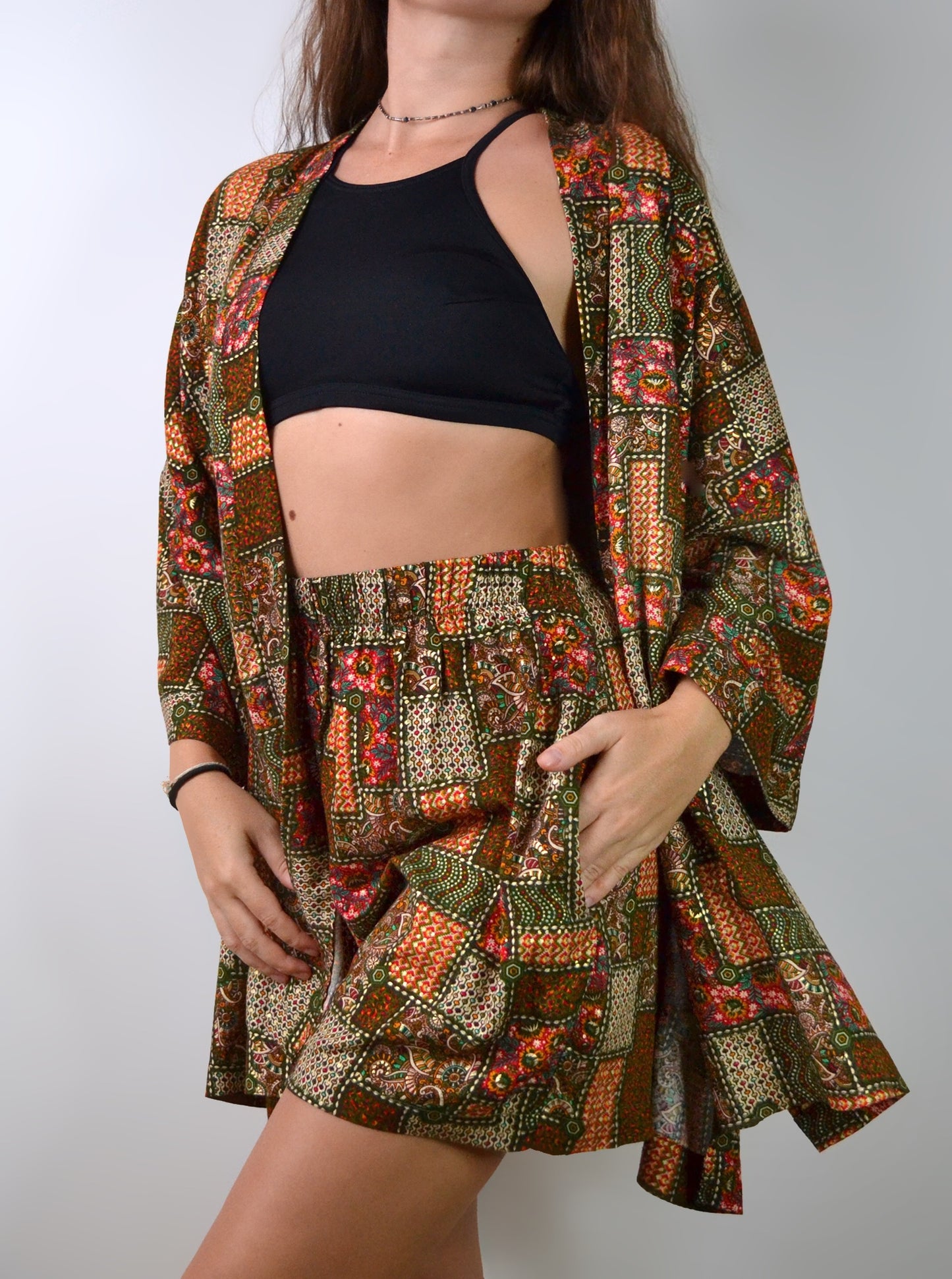 Kimono and shorts set / Dark green pattern (premium cotton)