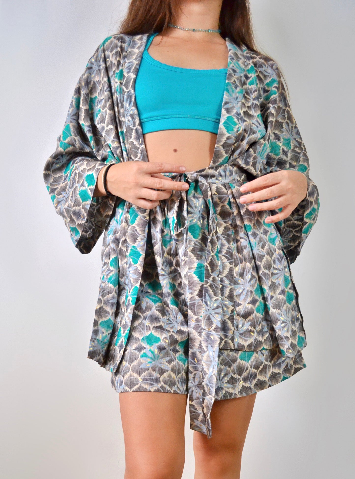 Kimono and shorts set / Sea and leaves (premium cotton)