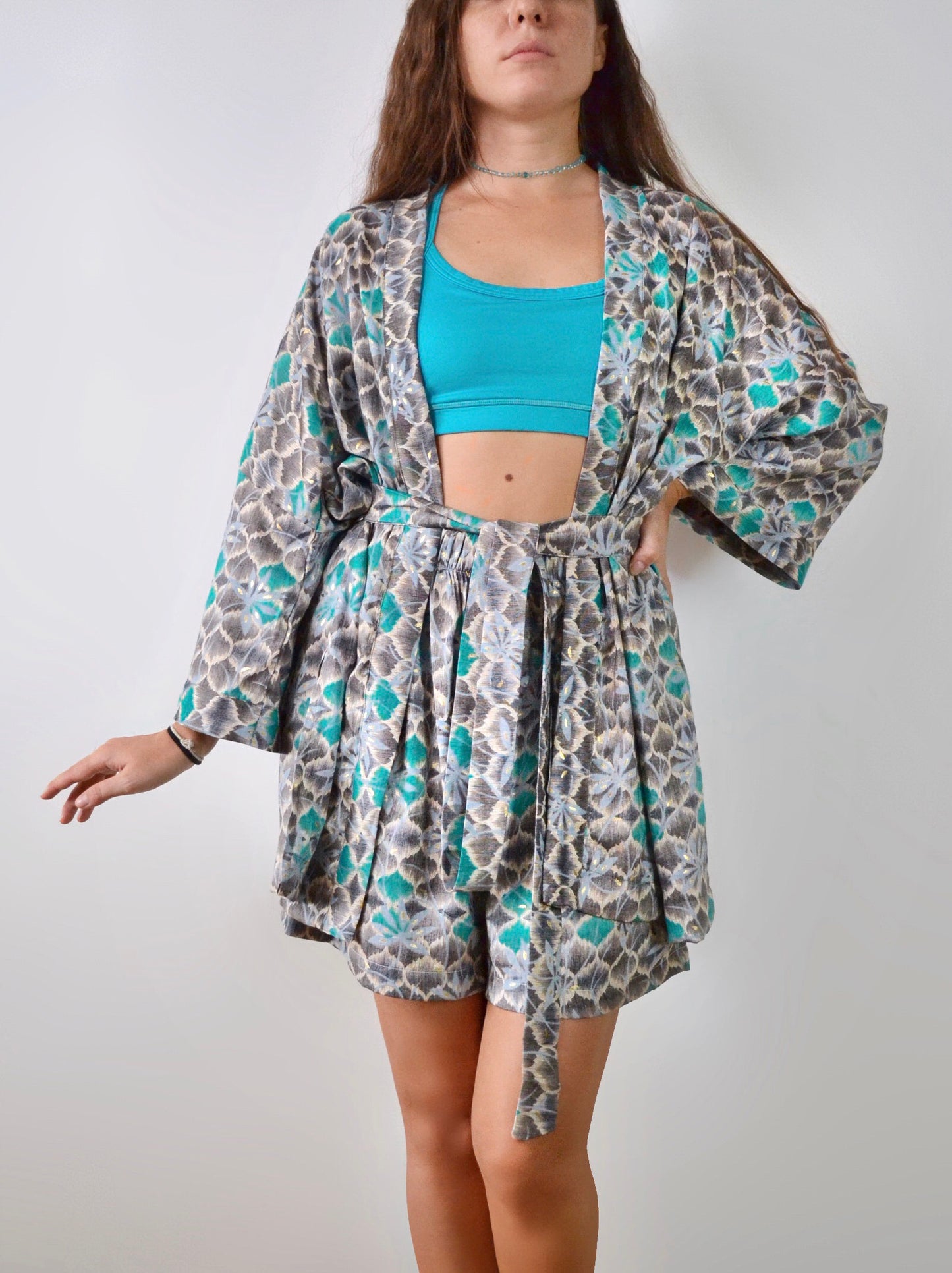 Kimono and shorts set / Sea and leaves (premium cotton)