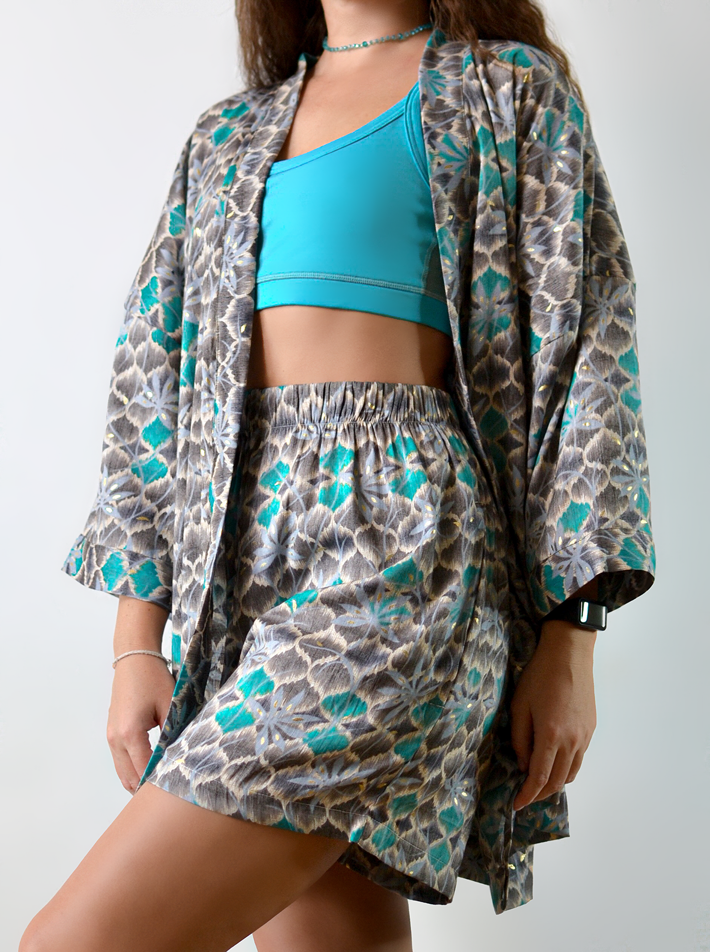Kimono and shorts set / Sea and leaves (premium cotton)